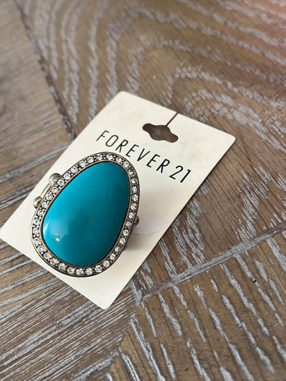 Forever 21 Teardrop Turquoise Statement Ring with Crystal Border